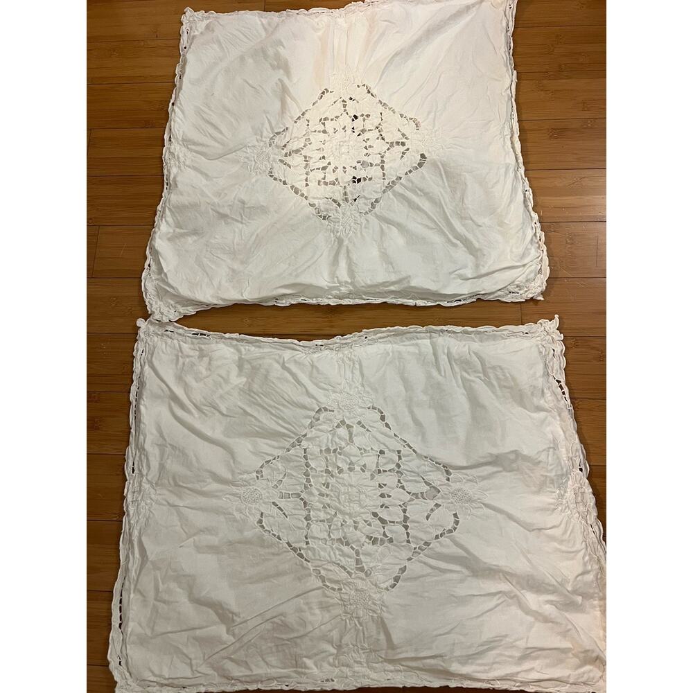 Vintage White Lace Cotton 2 Pillow Shams handmade lace, cutwork, and embroidery